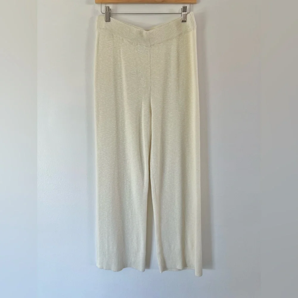 Free People Beach Cream Pull-On Wide Leg‎ Cotton Linen Blend Ribbed Knit Pants